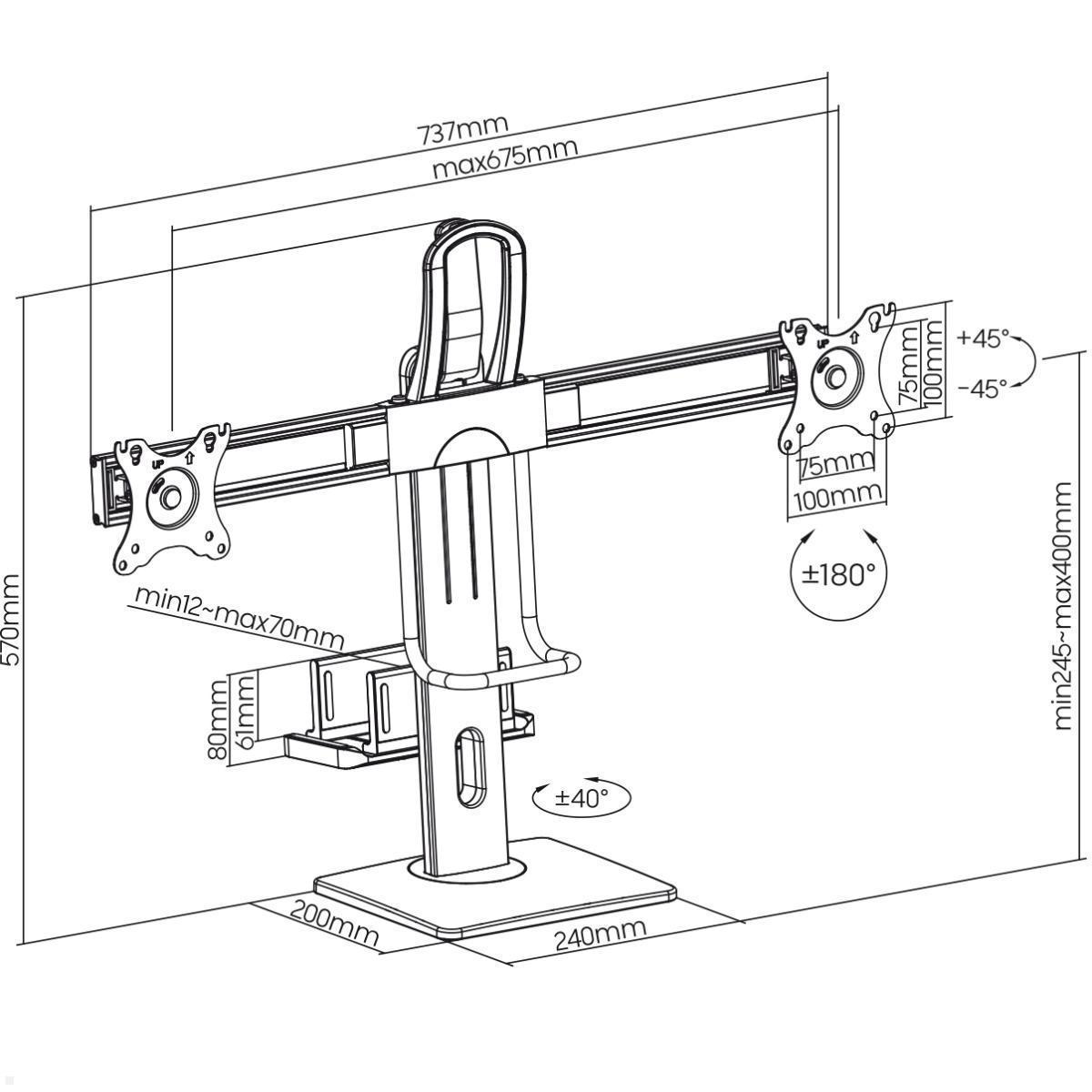 MonLines MTS002B Tisch Monitorständer für 2 Monitore mit PC Halterung, Skizze