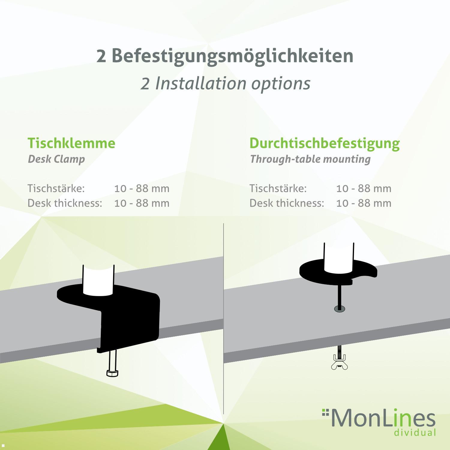 MonLines MTH011 schwenkbare Monitorhalterung für 2 Monitore 10-27 Zoll Befestigungsmöglichkeiten & Tischstärke