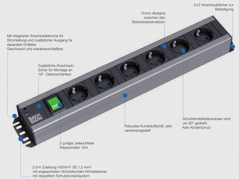 Bachmann Handwerkerleiste 6x Steckdose, 1x Schalter, ÜSE (300.012) optionale Funktionen