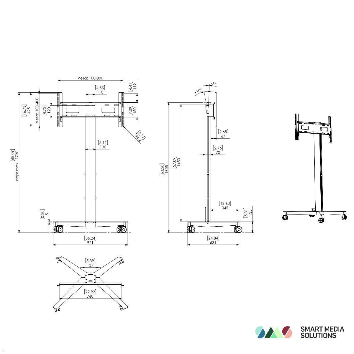 SMS Icon FH MT 1450 C Mobiler Monitorständer mit VESA Adapter bis 400x400 mm, silber technische Zeichnung Standfuß