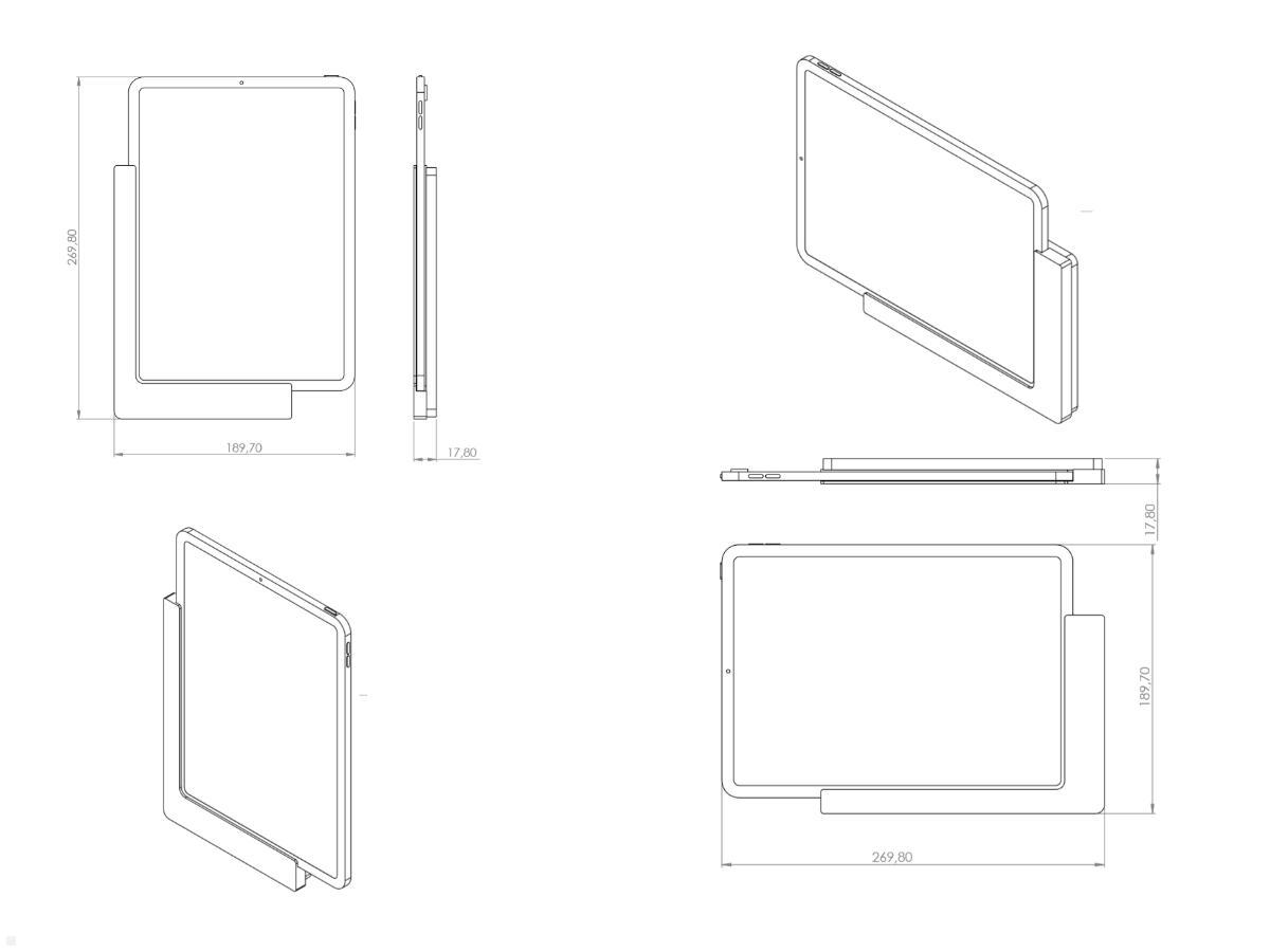 TabLines TWP003W Wandhalterung für iPad Pro 11.0, weiß, Zeichnung Maße mit Tablet