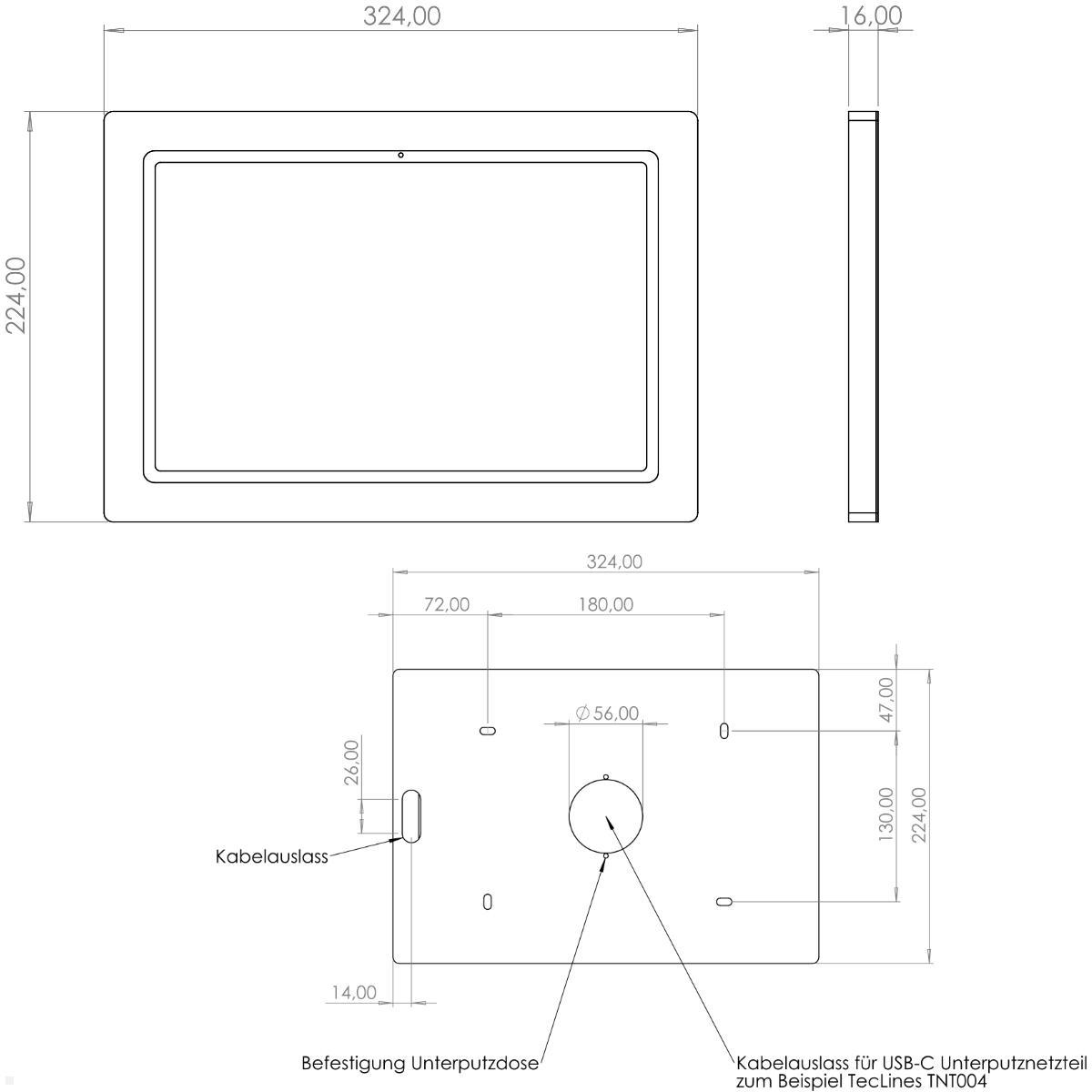 TabLines TWH063W Wandhalterung für Samsung Tab S10+ 12.4, weiß, technische Zeichnung