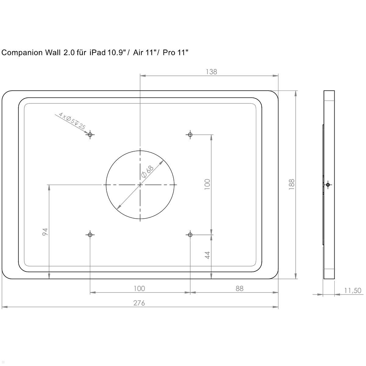 Displine Companion Wall 2.0 Wandhalter für Apple iPad 10.9 / 11, weiß, technische Zeichnung