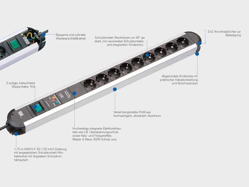 Bachmann PRIMO 9x Steckdosenleiste Gerätevollschutz 1x Schalter (331.072) Funktionen