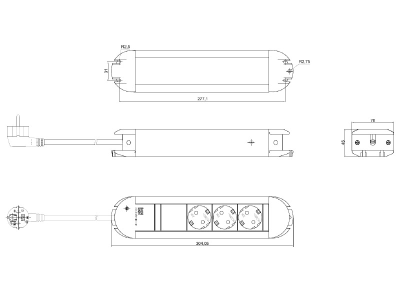 Bachmann PRIMO 3x Steckdosenleiste mit 2m Zuleitung (331.000) Zeichnung