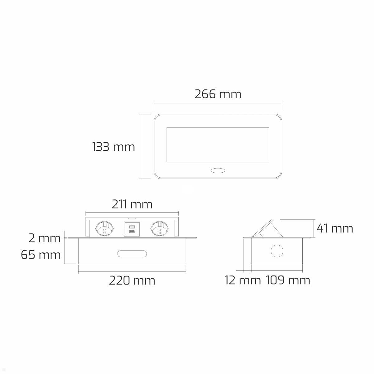 TecLines TES010S 2-fach Einbau Steckdose mit 2x USB-A, 1,5m Kabel, Maße