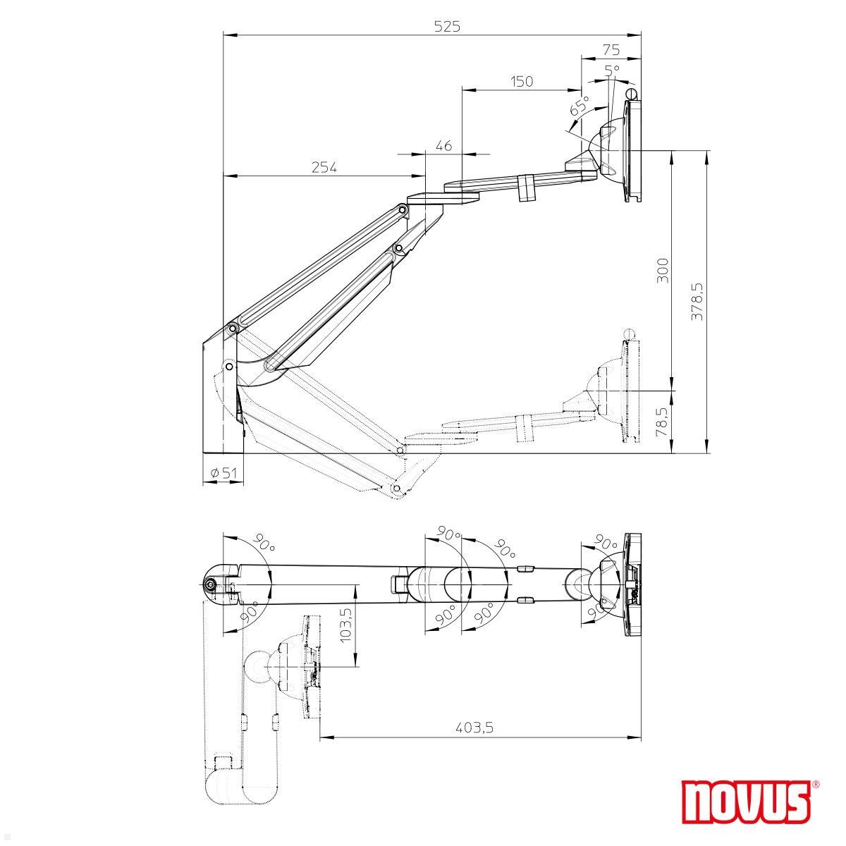 Novus Clu Plus Slatwall Monitorhalterung schwenkbar, silber (991+3009+001) technische Zeichnung Monitorarm