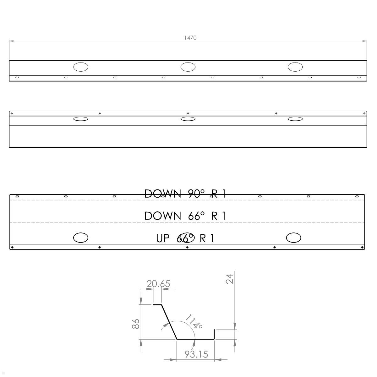 TecLines TKK008W Kabelkanal Schreibtisch 147 cm, weiß, technische Zeichnung