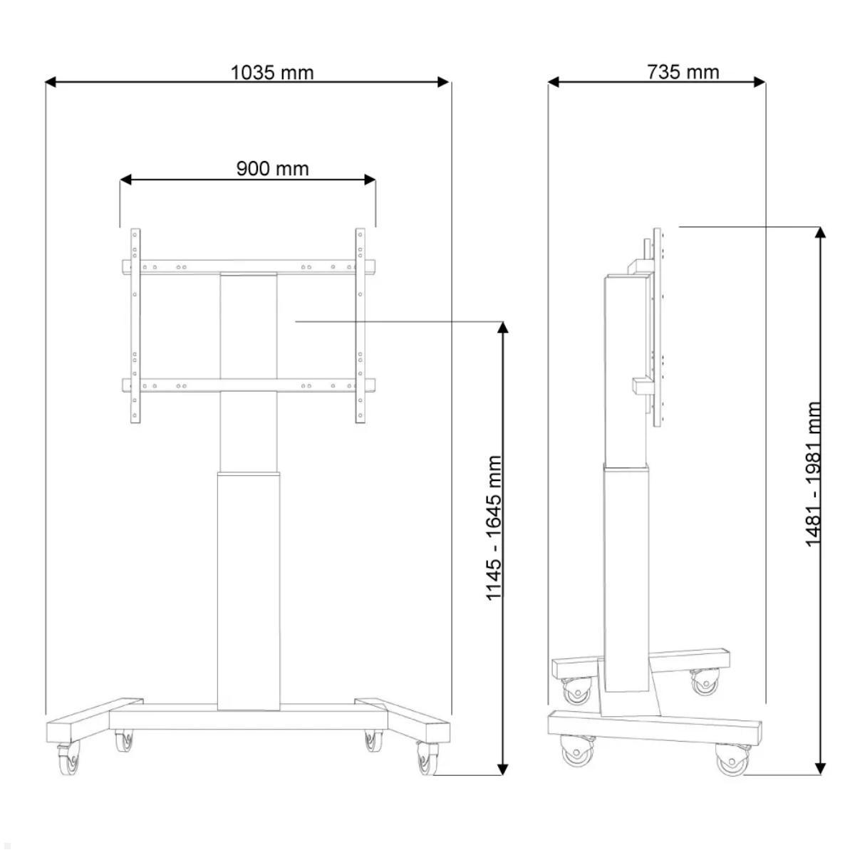 Neomounts PLASMA-M2250SILVER elektrischer TV Ständer bis 100 Zoll, mobil, Zeichnung Maße