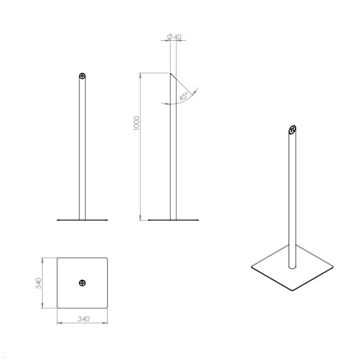 TabLines TBSfix001B Bodenständer mit Universal Tablethalter bis 11 Zoll, Zeichnung Maße Ständer