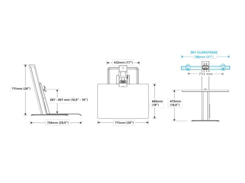 Humanscale QuickStand Eco Dual Steh-Sitz Arbeitsplatz, schwarz Befestigung von 2 Monitoren Maße