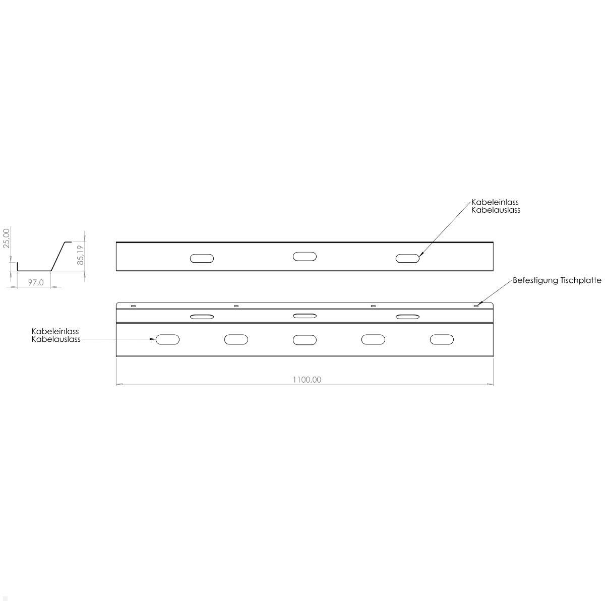 TecLines TKK007W Kabelkanal Schreibtisch 110 cm, weiß, technische Zeichnung