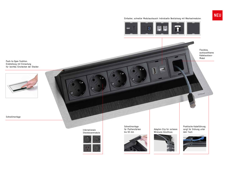 EVOline FlipTop Push 3x Steckdose S Funktionen