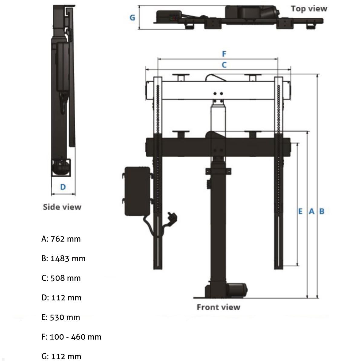 MonLines MLS010B TV Lift schwenkbar bis 50 Zoll, 762 mm Einbau, 721 mm Hub, Abmessungen