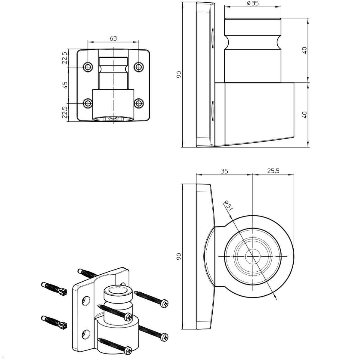 Novus Clu Plus Zubehör Wandhalterung Adapter (899+0089+000), silber, technische Zeichnung