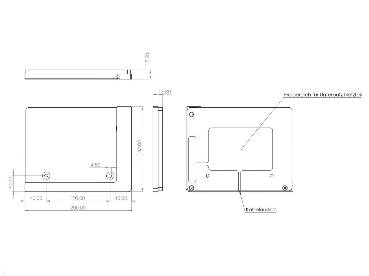 TabLines TWP007S Wandhalterung für Samsung Tab S7 11.0, silber, Zeichnung Maße Installation