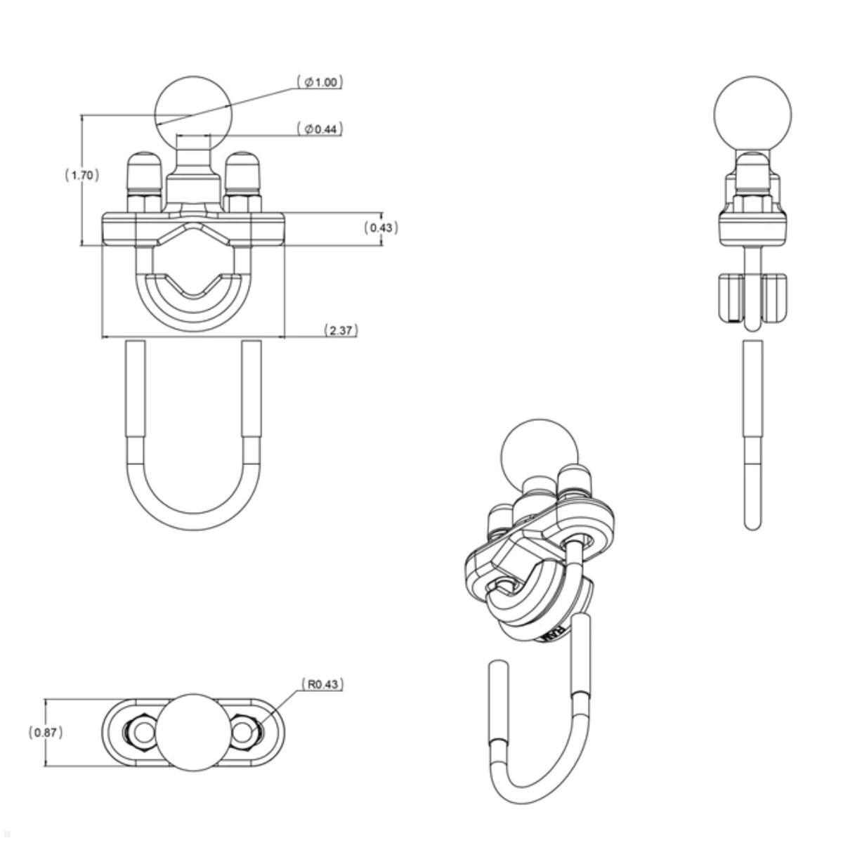 RAM Mounts Schraub-Klemmschelle 12,7 - 31,8 mm mit B-Kugel (RAM-B-231ZU), schwarz, technische Zeichnung