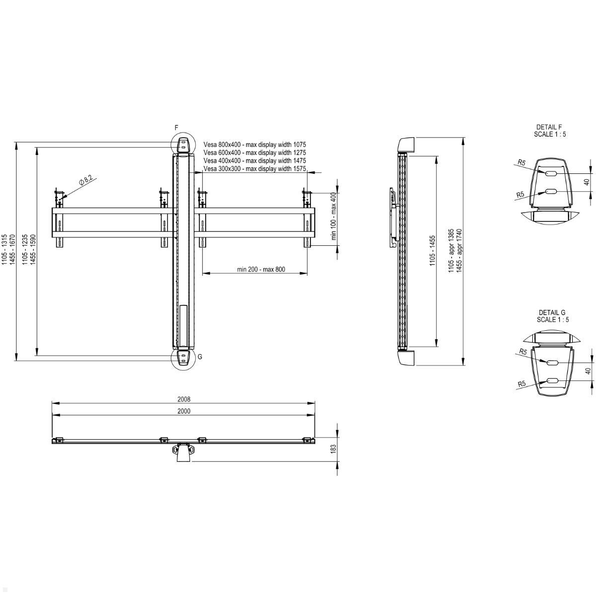 SMS Flatscreen X WH 1455 Video-Konferenz Wandhalterung (PD081011-P0), technische Zeichnung