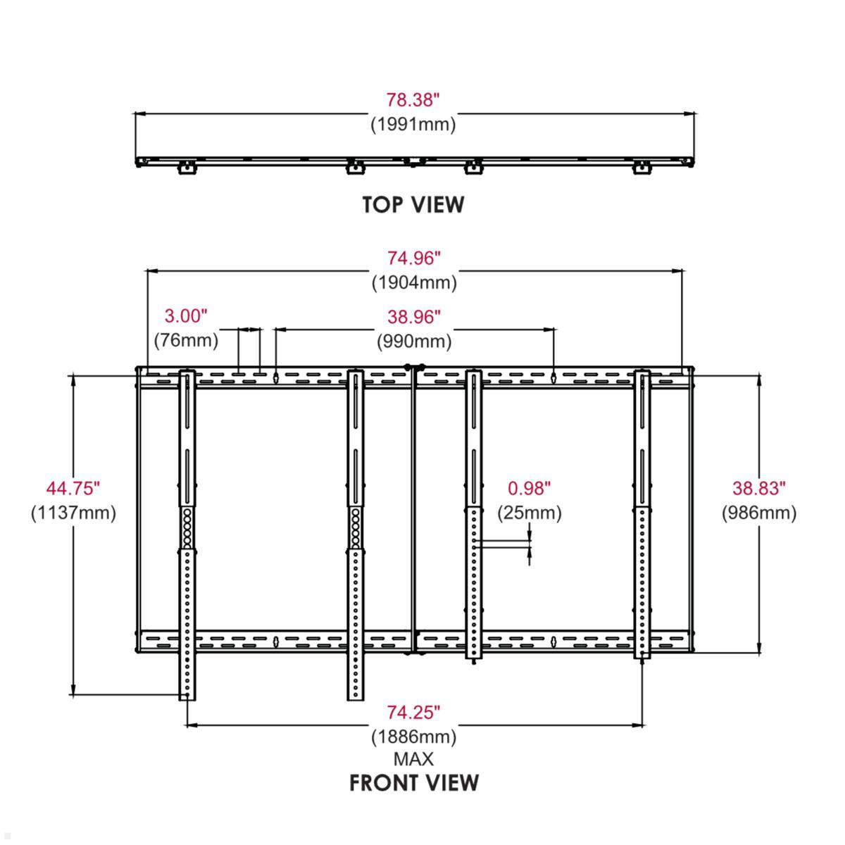 peerless DS-VW655-2X2 flache Videowand Halterung 2X2 Kit technische Zeichnung