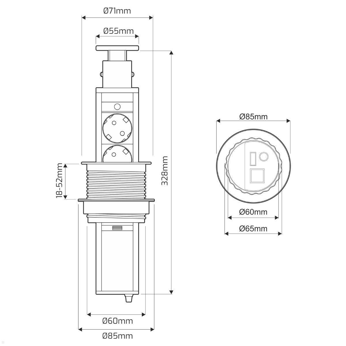 TecLines TVS009S versenkbare 3-fach Steckdosenleiste mit USB A/C, silber technische Zeichnung