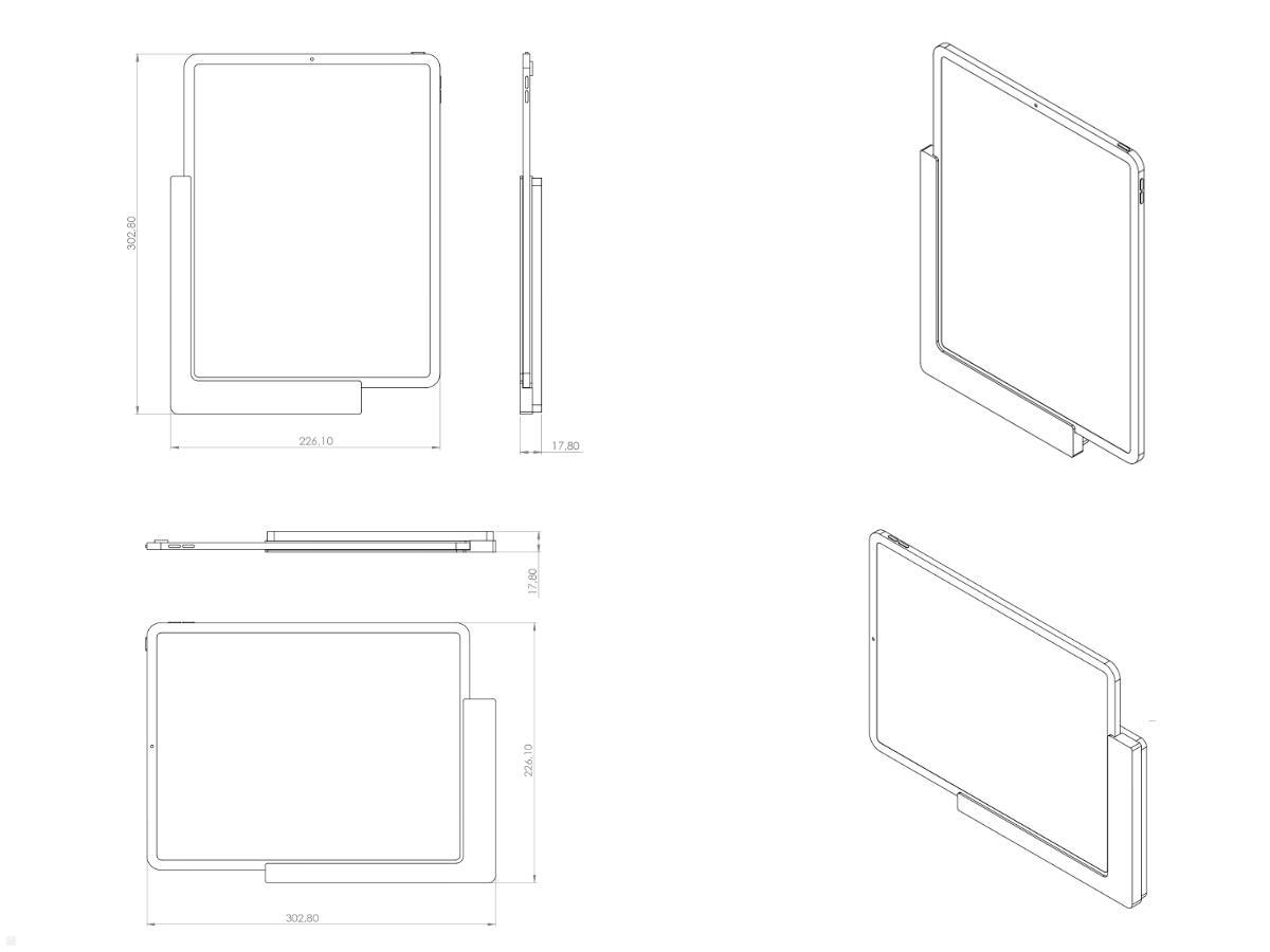 TabLines TWP006S Wandhalterung für iPad 12.9 (3./4.Gen.), silber, Zeichnung Maße mit Tablet