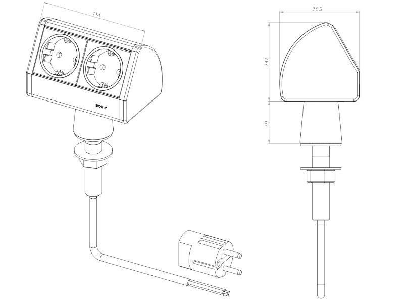 EVOline T-Dock 1x Steckdose auf Edelstahlfuß mit USB-Charger, alanox technische Zeichnung