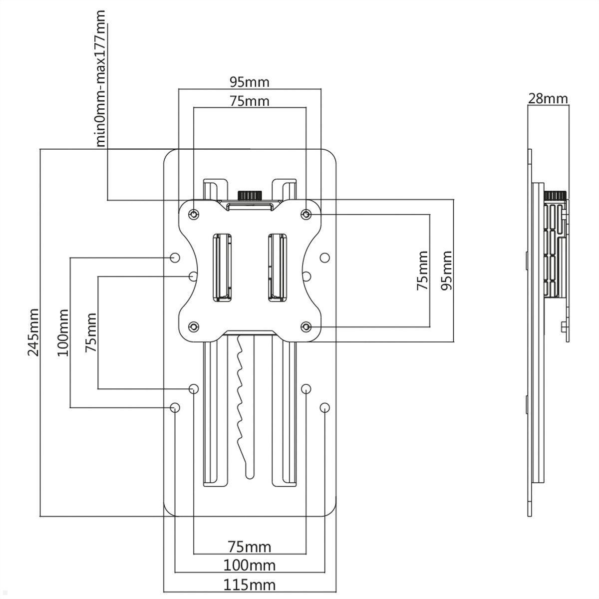 VESA Adapter höhenverstellbar, MonLines V078S in Silber, Technische Zeichnung