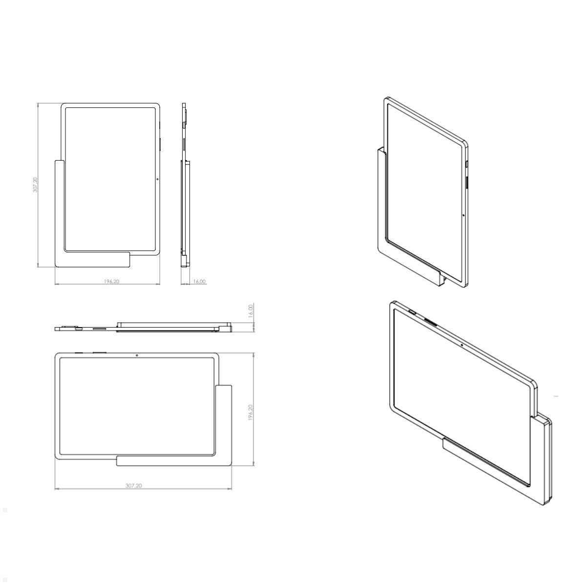 TabLines TWP021B Wandhalterung für Samsung Tab S8+ 12.4, schwarz, Zeichnung Maße mit Tablet