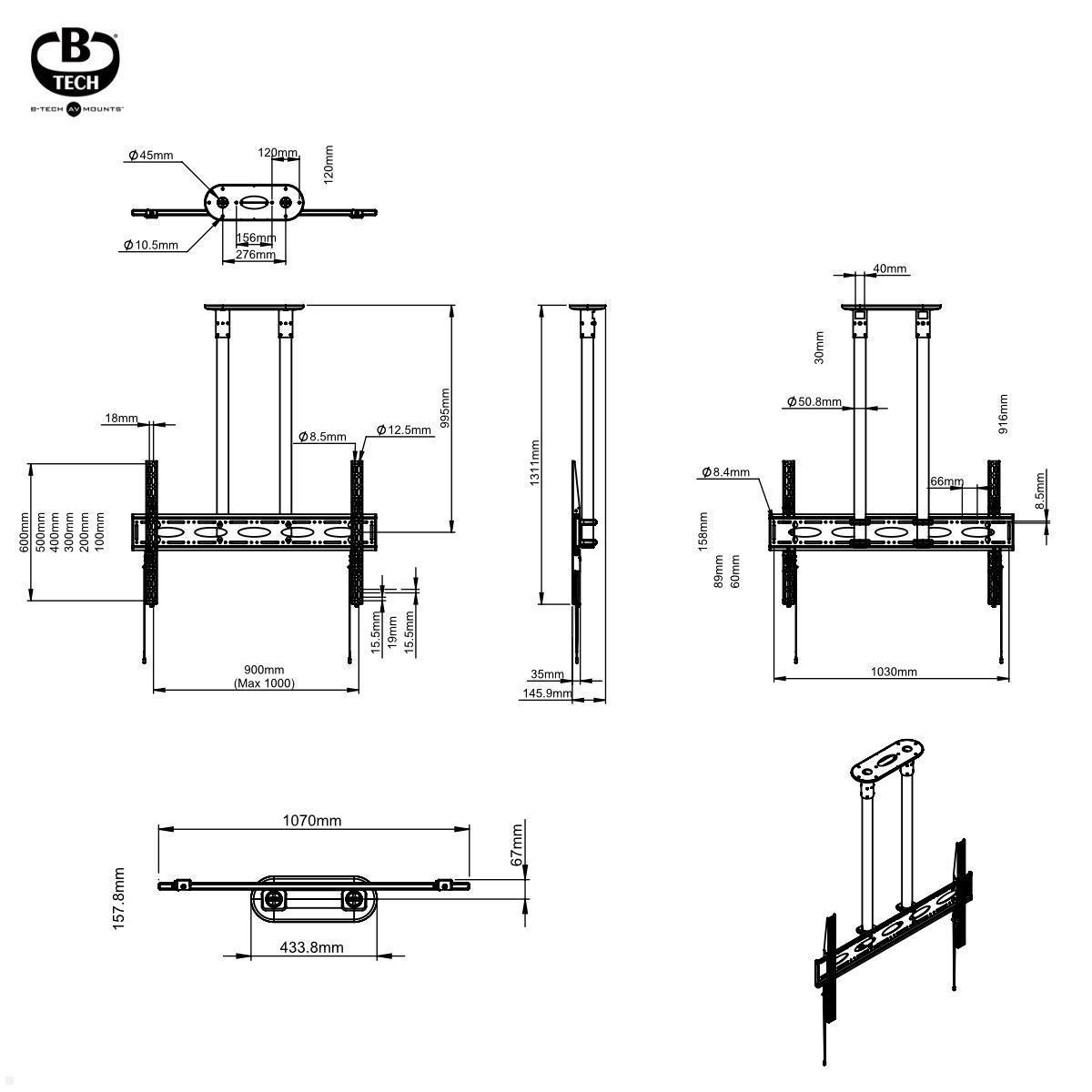 B-Tech BT8448-100/BB TV Deckenhalter für schwere Monitore bis 120 Zoll, Säulenlänge 1m technische Zeichnung