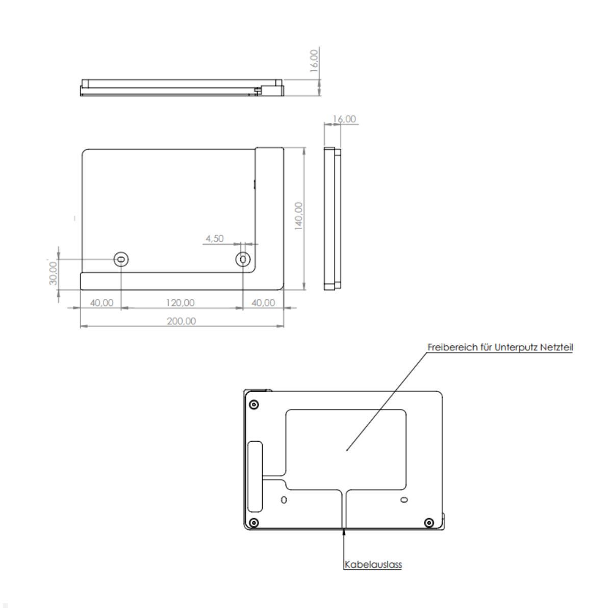 TabLines TWP030S Wandhalterung für Samsung Tab S9+ 12.4, silber, Zeichnung Maße ohne Tablet