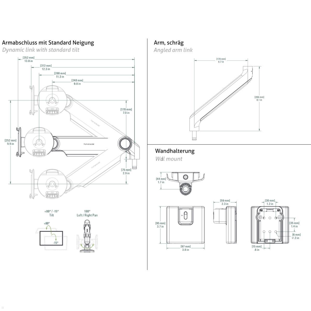 Humanscale M2.1 Laptop Wandhalterung mit Schwenkarm schräg, weiß, technische Zeichnung