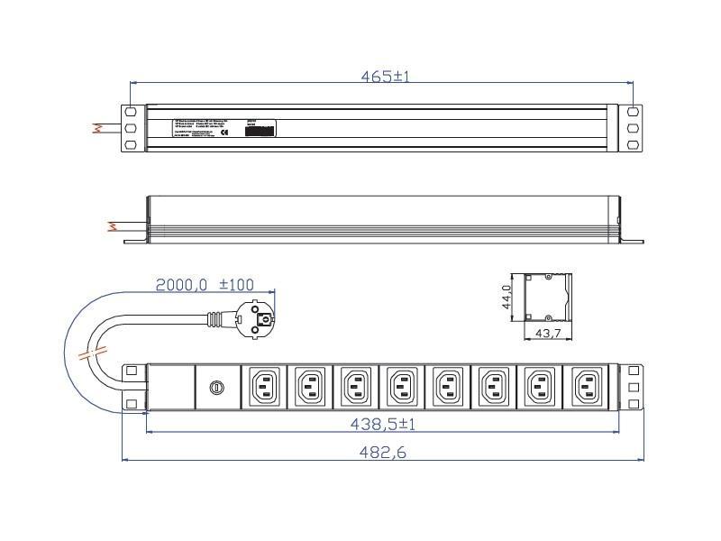 Bachmann IT PDU 19 Zoll Steckdosenleiste 8x C13 1HE mit Schutzkontaktstecker (333.408) Technische Zeichnung