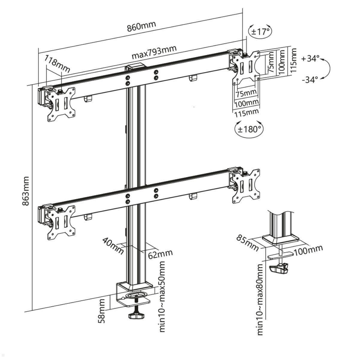 MonLines MTH012 2+2 Monitor Tischhalterung für 4 Monitore, silber technische Zeichnung