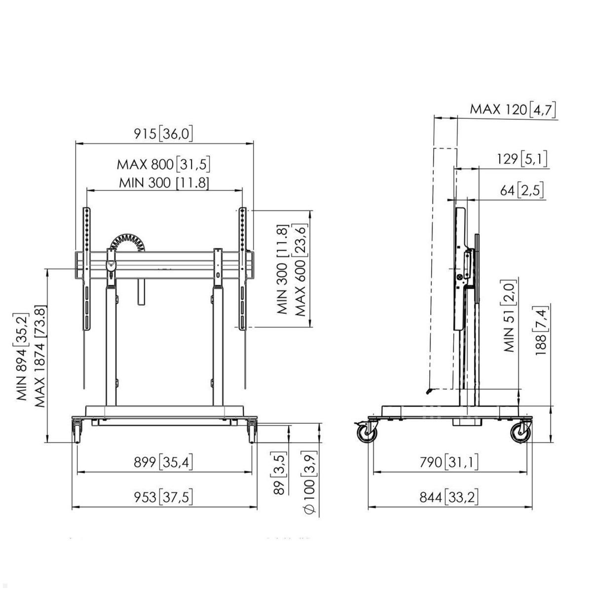 Vogels RISE 5208 mobiler elektrischer TV Ständer, 80 mm/s, Einzelrollen, technische Zeichnung