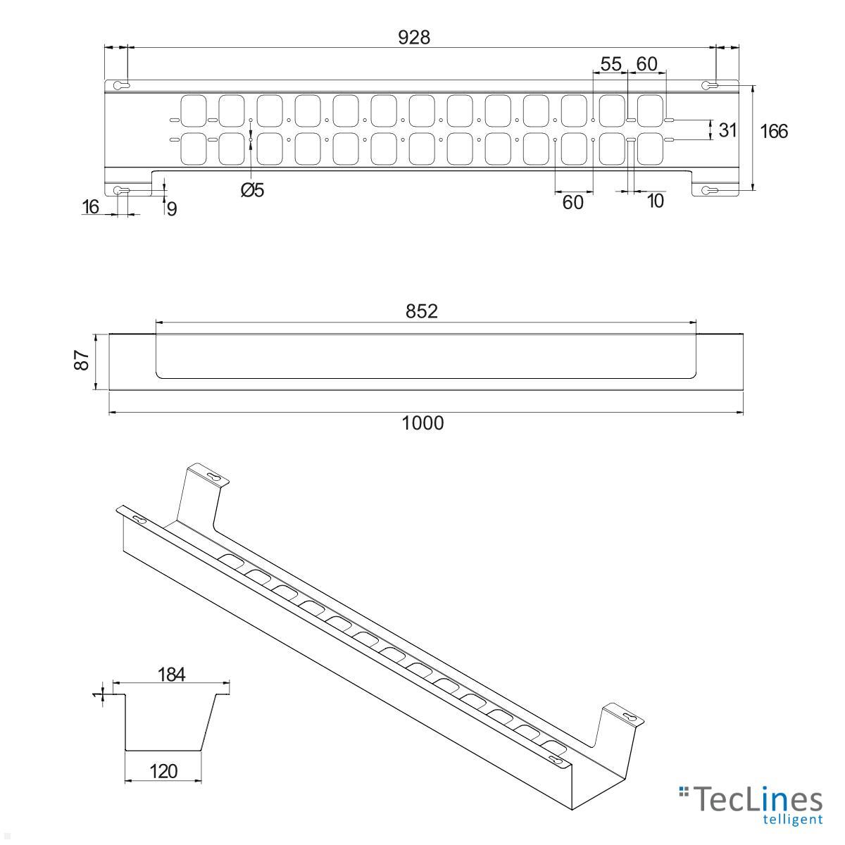 TecLines TKW003W Schreibtisch Kabelwanne horizontal 1000 mm, weiß technische Zeichnung