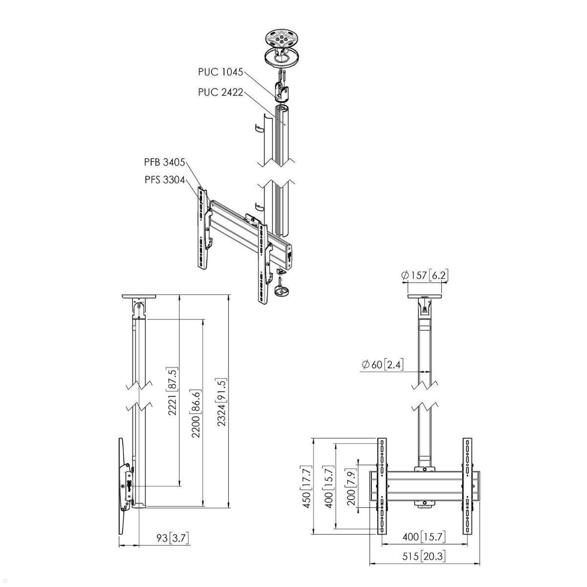 Vogels Connect-it CT242244S TV Deckenhalter bis 65 Zoll, silber, Zeichnung Maße