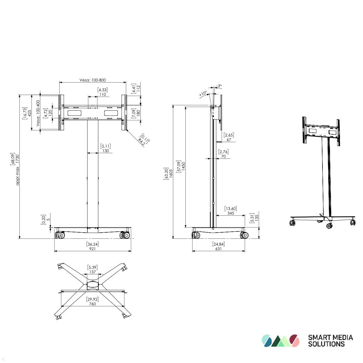 SMS Icon FH MT 1450 mobiler Monitorständer bis 75 Zoll, schwarz (K12-025-1) technische Zeichnung