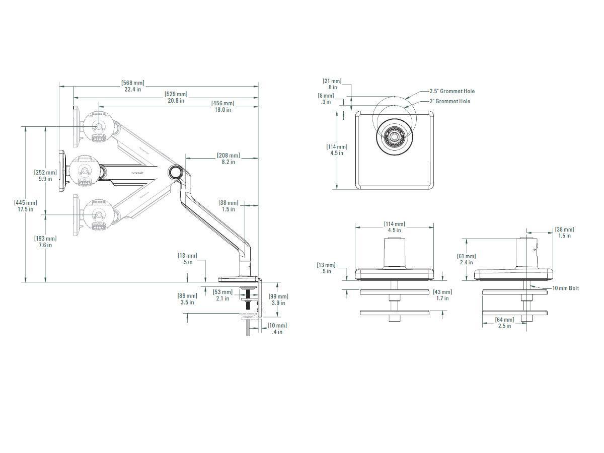 Humanscale M2.1 Monitor Durchtisch Monitorhalterung, weiß, Technische Daten