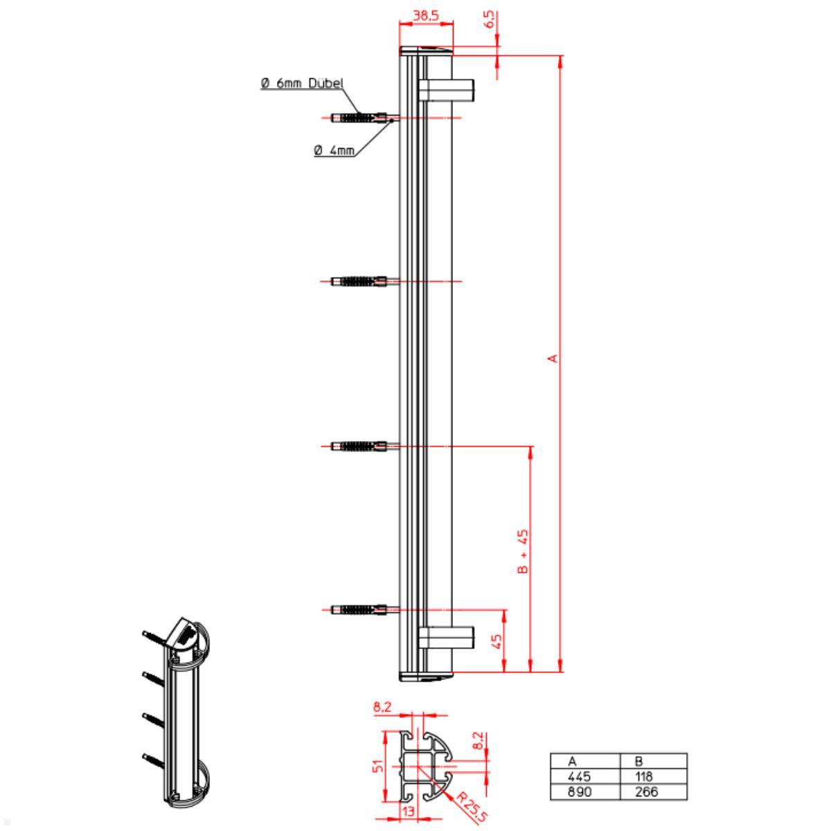 Novus TSS-Säule 890 Wandhalterung, anthrazit (961+0515+000), Zeichnung, Maße