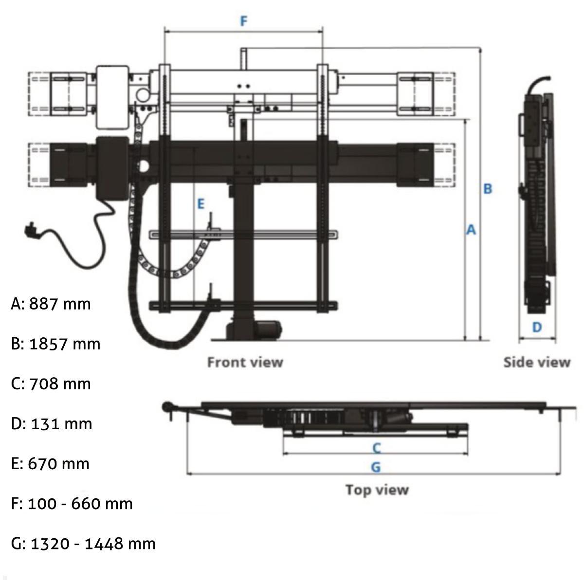 MonLines MLS022B Einbau TV Lift bis 65 Zoll, automatische Klappe, 970 mm Hub, Maße