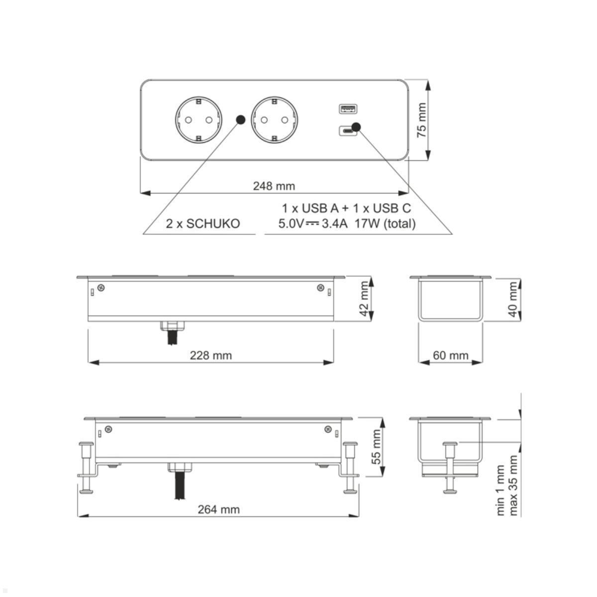 TecLines TES017B 2-fach Einbausteckdose mit USB A/C Charger, 1,5 m Kabel, schwarz technische Zeichnung