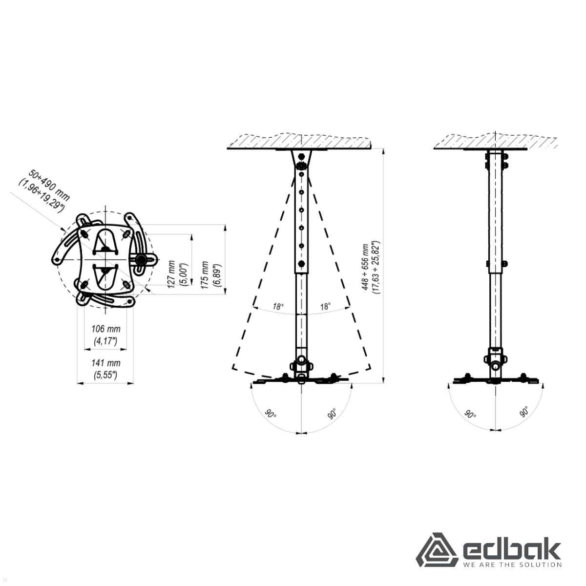 Edbak PM1W Beamer Deckenhalterung 448-656mm 15kg, weiß technische Zeichnung