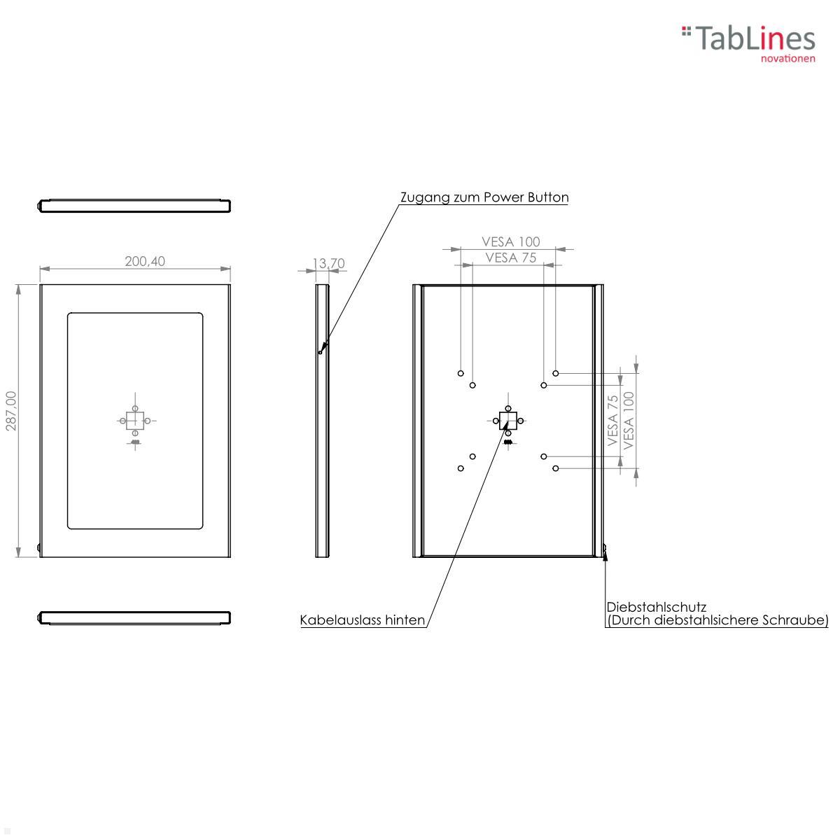 TabLines TSG085E Tablet Schutzgehäuse für Samsung Tab A8 10.5 (2022), Edelstahl technische Zeichnung