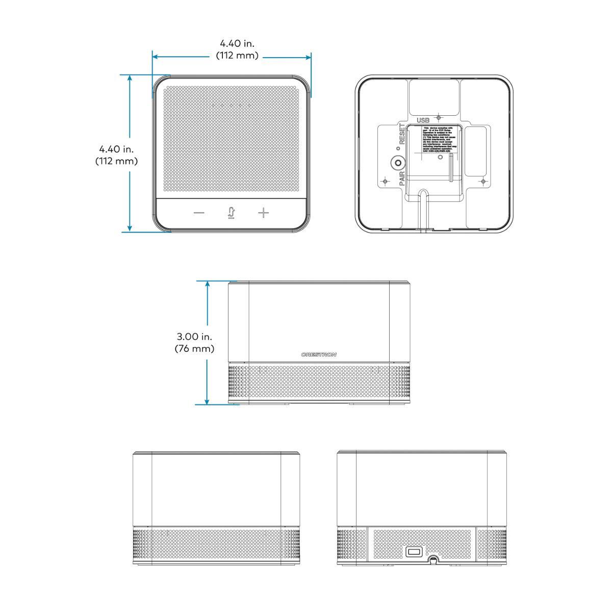 Crestron Flex Pod Wireless Audio Kit mit Hub und Pod (UC-AUDIO-1-B-DR2 KIT), technische Zeichnung