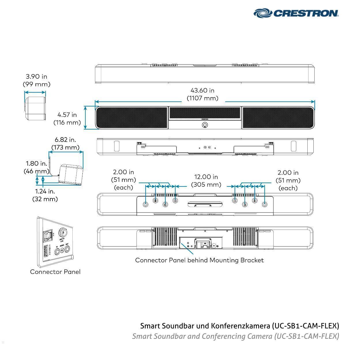 Crestron Flex Advanced Video- / Soundbar Konferenzsystem für kleine MS Teams Räume (UC-BX30-T) technische Zeichnung Soundbar