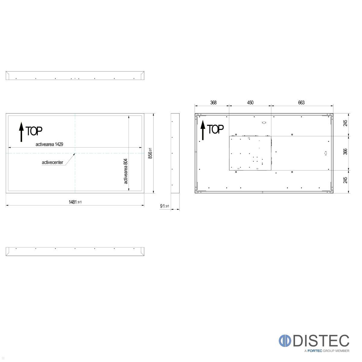 Distec BLO-Line A1 Brandschutz Monitor 64.5 Zoll IoT Blende quer (DS-92-078Q) technische Zeichnung