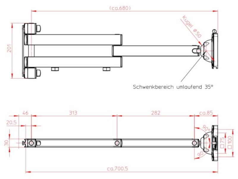 Novus Monitorhalter TSS Faltarm III XL 700 (965+0119+001) Maße