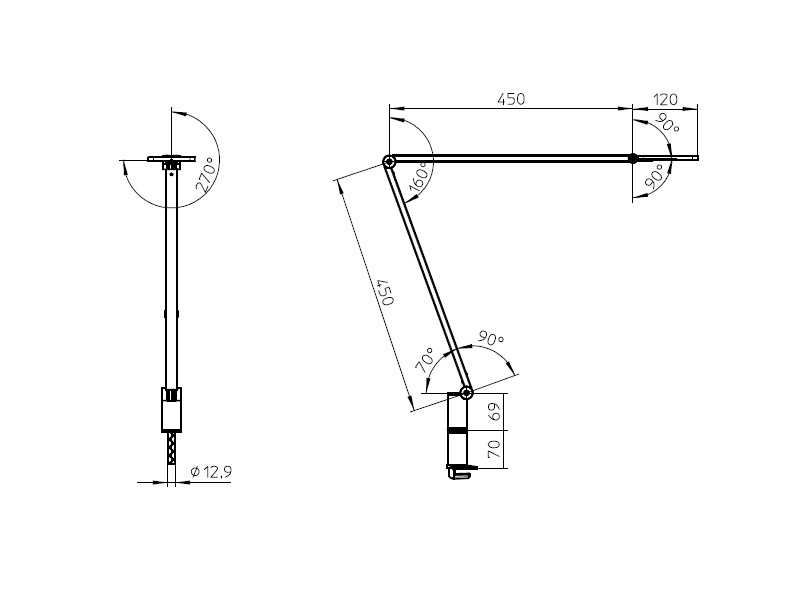 Novus Attenzia task LED Tischlampe silber ohne Klemme 740+1209+000 Maße