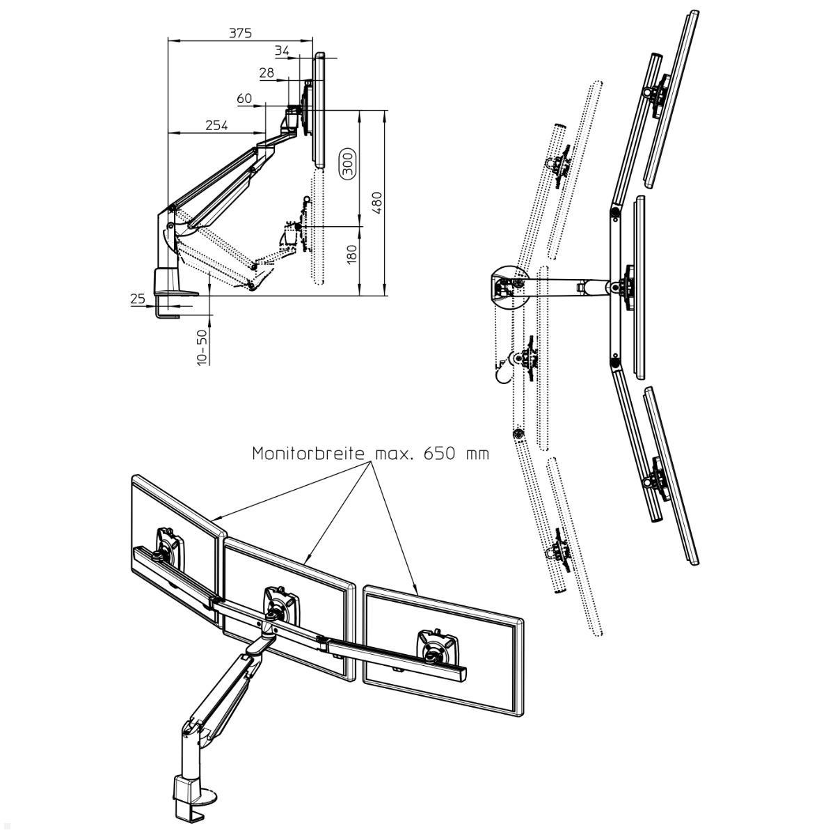 Novus Clu Plus X3 Monitorhalter für 3 Monitore an TSS Säule, silber, technische Zeichnung Monitorarm