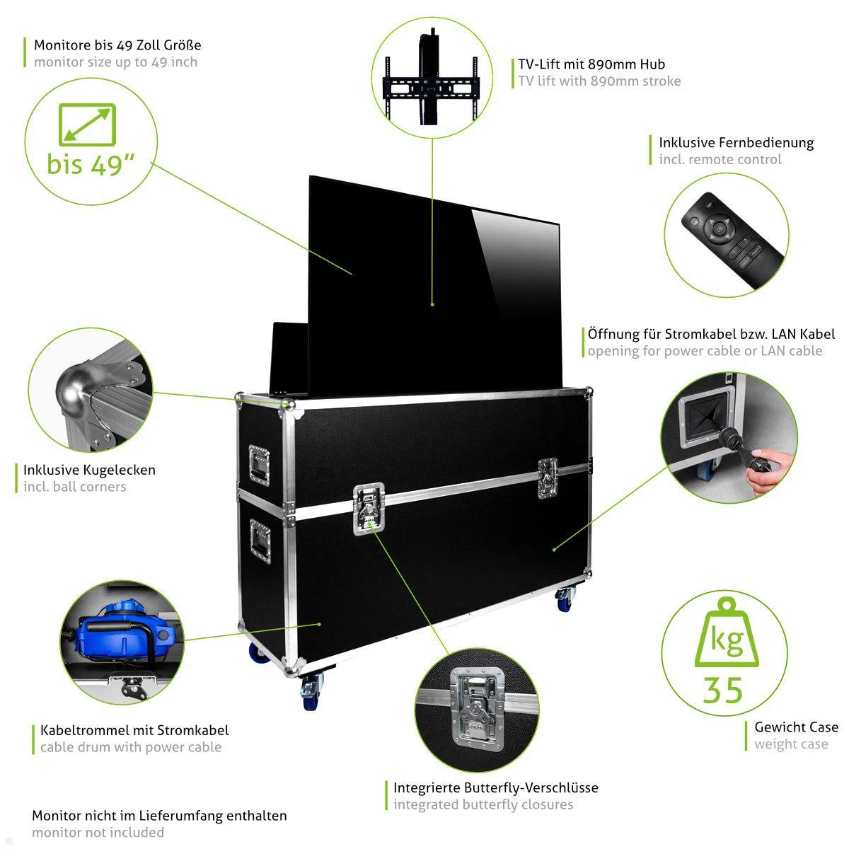 MonLines MTL001 FLYcase TV Lift im Transportcase bis 49 Zoll Funktionen